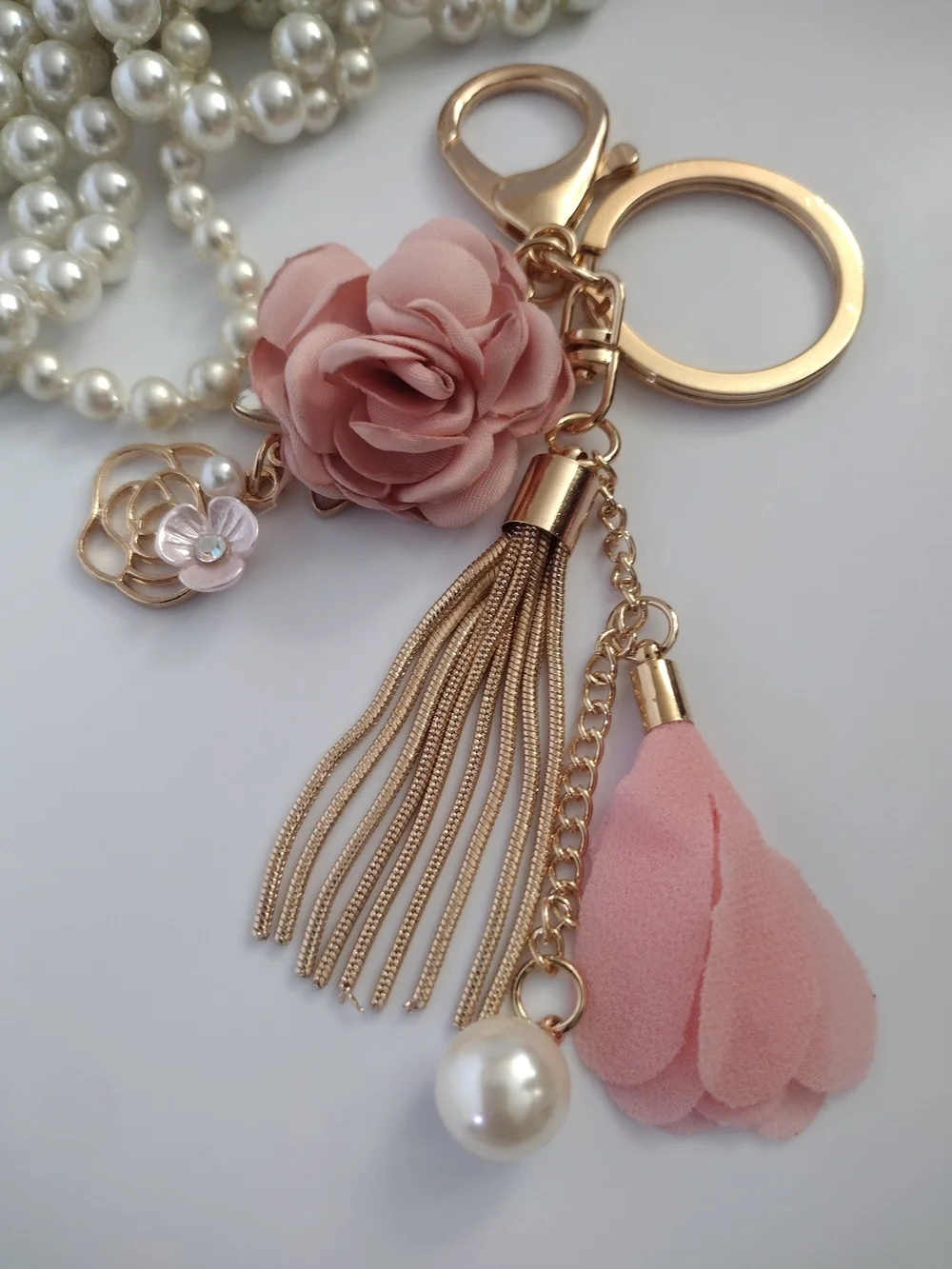 Pink Rose Flower Tassel Keychain Purse Charm Gold Tone Pearl Bag Charm